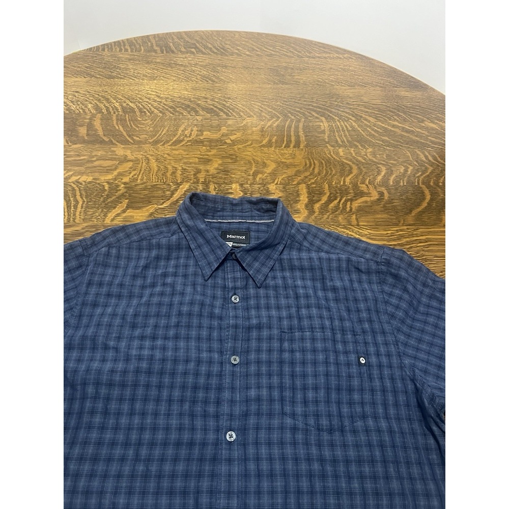 Marmot Mens XL Blue Check Button Up Hiking Shirt Short Sleeve Casual